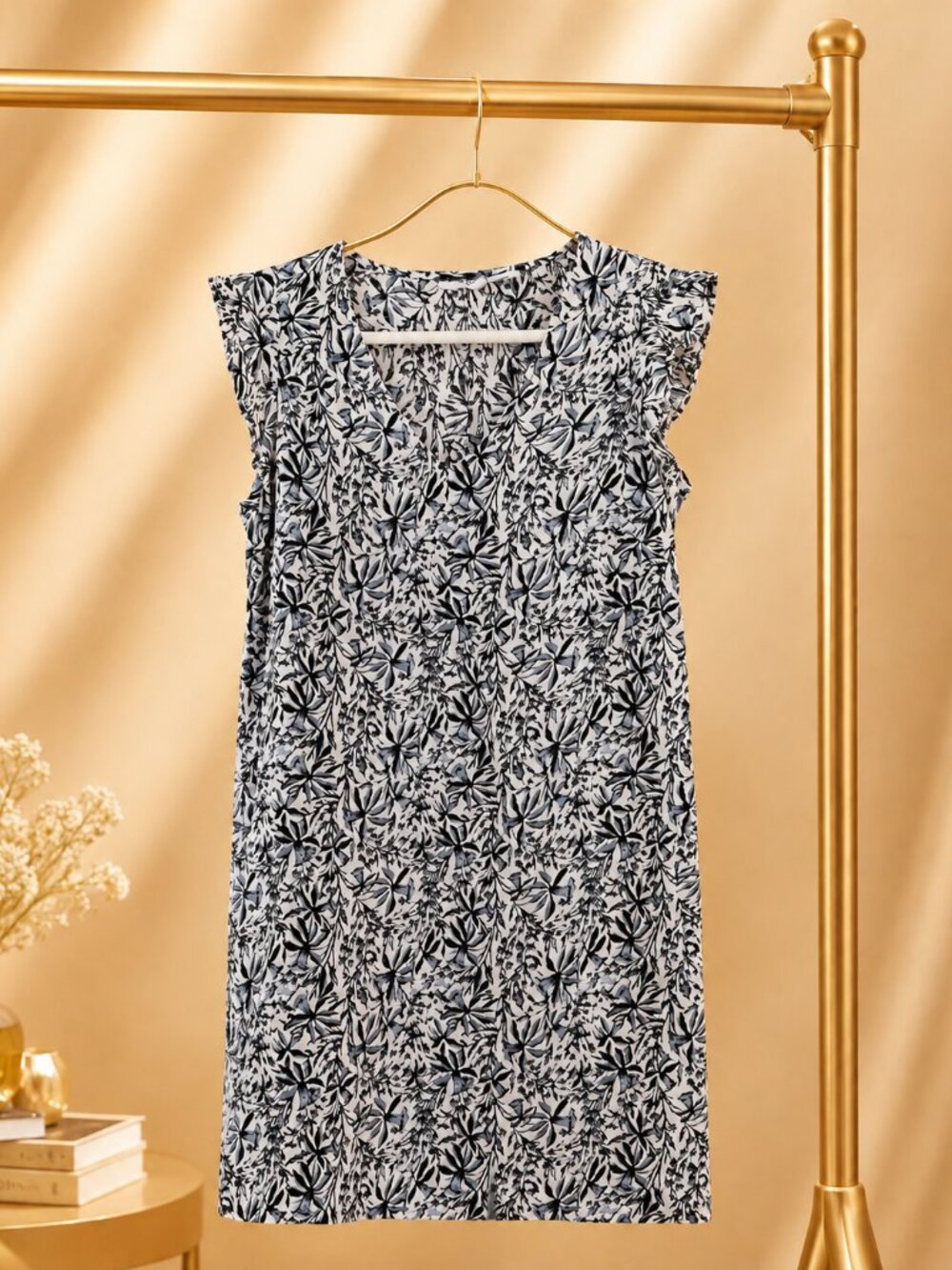 Lucky Brand S 100% Linen Navy White Floral Shift Dress Ruffle Sleeve Boho Summer